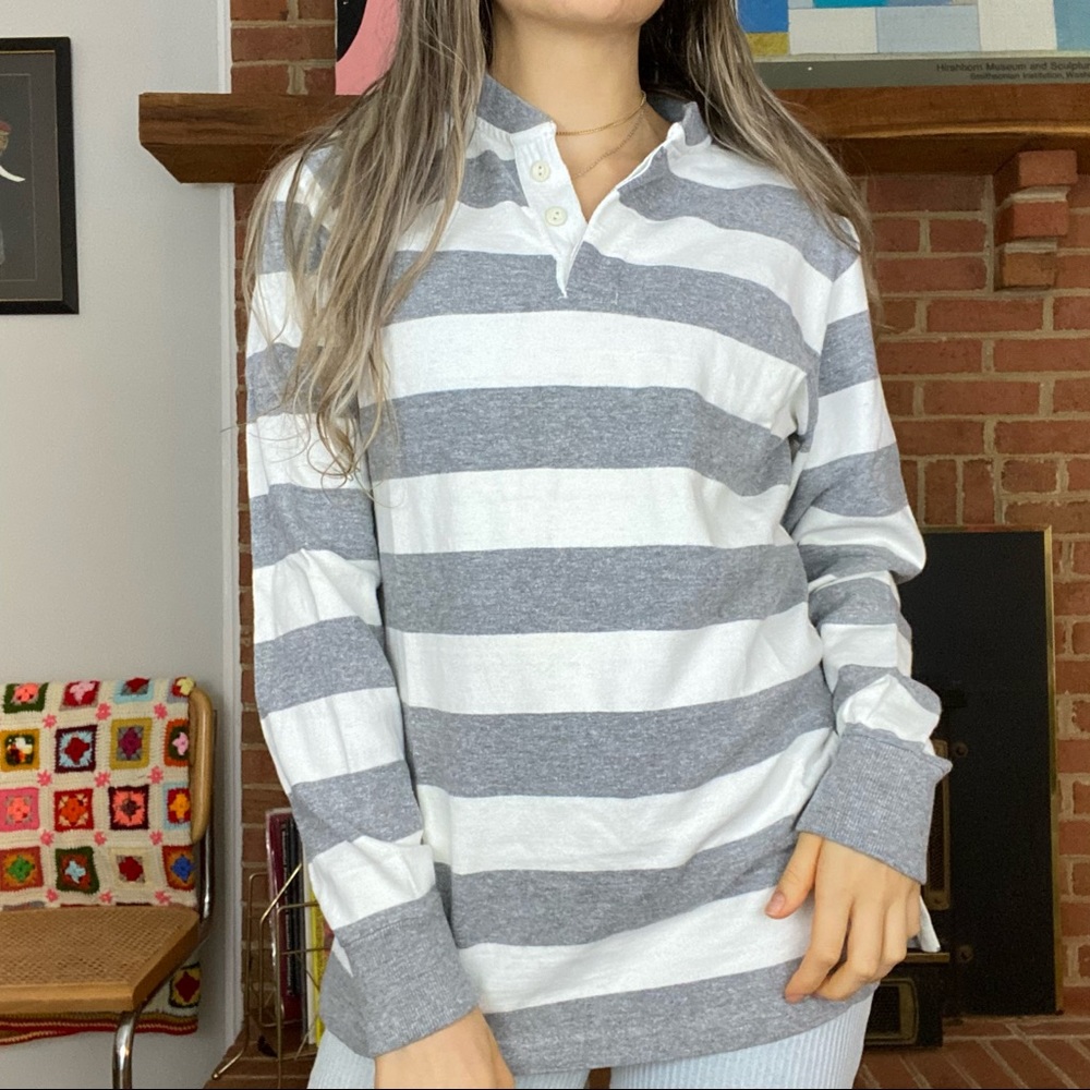 Y2K Gap Oversized Horizontal Striped Boyfriend Henley Long Sleeve Pullov… - Picture 2 of 16